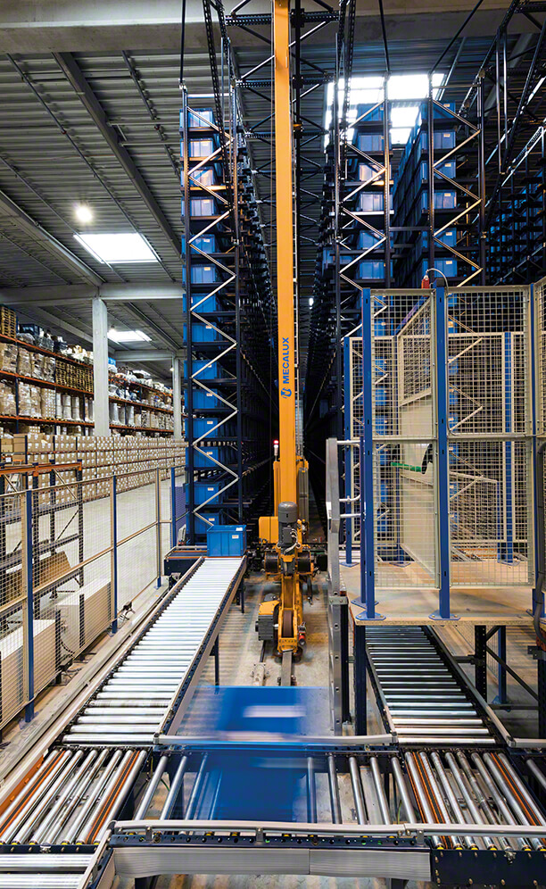 At the front of the automated warehouse are three picking stations where orders are prepared